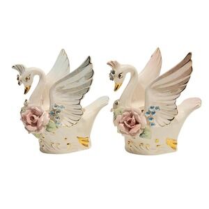 Norecrest Lusterware Swan Vases Lot 2 Gold Hand Painted Trinket Vanity Deco MCM‎